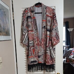 Pink Clove Women's Size 18 Bohemian Open Kimono with Black Fringe